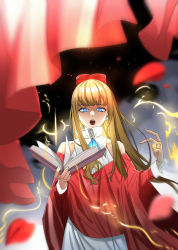 Rule 34 | 1girl, absurdres, biretta, blonde hair, blue eyes, book, cardinal armand, casting spell, electricity, highres, jewelry, last origin, looking at viewer, magic, open mouth, rhlatm, ring, solo, spell
