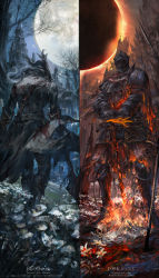 Rule 34 | 2others, ambiguous gender, armor, armored boots, arms at sides, ashen one (dark souls 3), ashes, blood, blood on clothes, bloodborne, boots, breastplate, cape, castle, church, coat, dark souls (series), dark souls iii, day, eclipse, english text, fire, flower, full armor, full body, full moon, gauntlets, gloves, grass, greaves, hat, helmet, highres, holding, holding weapon, hunter (bloodborne), long sleeves, moon, multiple others, night, outdoors, outstretched arm, outstretched hand, pants, pauldrons, shoulder armor, skull, solar eclipse, spread fingers, standing, stu dts, sword, torn cape, torn clothes, walking, weapon