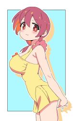 Rule 34 | 1girl, arms behind back, bare arms, bare shoulders, blue background, border, breasts, colored inner hair, commentary, cowboy shot, dot nose, from side, hair between eyes, highres, large breasts, leaning forward, light blush, looking at viewer, multicolored hair, murosaki miyo, noyama takenoko, one-piece swimsuit, onii-chan wa oshimai!, outside border, own hands together, red eyes, red hair, simple background, smile, solo, swimsuit, two-tone hair, white border, yellow one-piece swimsuit