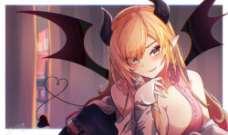 Rule 34 | 1girl, absurdres, black garter straps, black skirt, black thighhighs, blonde hair, breasts, cleavage, coat, demon girl, demon horns, demon tail, garter straps, highres, hololive, horns, lab coat, large breasts, long hair, looking at viewer, pink shirt, pointy ears, shirt, skirt, smile, solo, tail, thighhighs, tongue, tongue out, virtual youtuber, white coat, yoihami 294, yuzuki choco, yuzuki choco (1st costume)