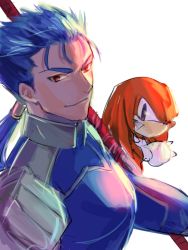 Rule 34 | 1boy, bad id, bad pixiv id, blue hair, crossover, cu chulainn (fate), cu chulainn (fate/stay night), earrings, fate/stay night, fate (series), furry, furry male, gae bolg (fate), jewelry, kanna nobutoshi, knuckles the echidna, kona (mmm3608), polearm, red eyes, simple background, sonic (series), spear, voice actor connection, weapon, white background
