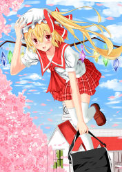 Rule 34 | 1girl, :d, absurdres, alternate costume, bad id, bad pixiv id, bag, blonde hair, blush, bow, cherry blossoms, clock, clock tower, fang, flandre scarlet, flying, hat, hat bow, highres, long hair, open mouth, outdoors, plaid, plaid skirt, red eyes, roman numeral, school bag, school uniform, serafuku, side ponytail, skirt, smile, solo, thighhighs, touhou, tower, wenhe, white thighhighs, wings