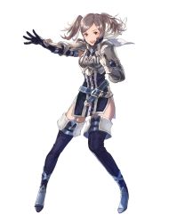 Rule 34 | 1girl, armor, boots, breastplate, brown eyes, brown hair, cynthia (fire emblem), dress, fire emblem, fire emblem awakening, fire emblem heroes, frills, full body, garter straps, highres, long hair, looking at viewer, nintendo, official art, open mouth, parted bangs, short dress, shoulder armor, smile, solo, thigh boots, thighhighs, transparent background, twintails, zettai ryouiki