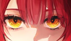 Rule 34 | 1girl, 58 (opal 00 58), blunt bangs, chainsaw man, close-up, commentary, crystal eye, eye focus, eyelashes, hair over one eye, highres, looking at viewer, makima (chainsaw man), nose, red hair, ringed eyes, sidelocks, solo, yellow eyes
