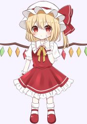Rule 34 | 1girl, absurdres, blonde hair, blush, bow, bowtie, breasts, chibi, closed mouth, collared shirt, commentary request, crystal, dress, eyes visible through hair, flandre scarlet, frills, full body, hair between eyes, hand up, hat, hat ribbon, highres, jewelry, looking at viewer, medium breasts, mob cap, multicolored wings, one side up, piyoru nico, pointing, puffy short sleeves, puffy sleeves, purple background, red dress, red eyes, red footwear, red ribbon, ribbon, shirt, shoes, short hair, short sleeves, simple background, socks, solo, standing, star (symbol), star in eye, symbol in eye, touhou, white hat, white shirt, white socks, wings, wrist cuffs, yellow bow, yellow bowtie