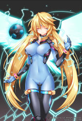 Rule 34 | 1girl, ball, black thighhighs, blonde hair, blue bodysuit, bodysuit, closed eyes, closed mouth, covered navel, electricity, floating, floating object, gluteal fold, hexagon, highres, long hair, serin199, smile, soccer ball, soccer spirits, solo, thigh gap, thighhighs, very long hair, wings