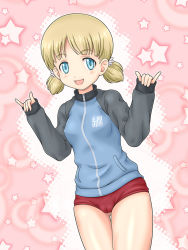 Rule 34 | 10s, 1girl, aki (girls und panzer), blonde hair, blue eyes, blush, breasts, buruma, cameltoe, girls und panzer, gym uniform, haru kanata, jacket, looking at viewer, open mouth, pink background, small breasts, smile, solo, star (symbol), starry background, track jacket, track suit, twintails