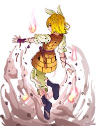 Rule 34 | 1girl, ankle boots, arm ribbon, armor, armored dress, artist name, baggy pants, black footwear, blonde hair, blunt bangs, boots, broken, commentary request, cracked skin, double bun, expressionless, from behind, full body, hair bun, hair ribbon, haniwa (statue), highres, hitodama, joutouguu mayumi, looking at viewer, looking back, pants, puffy short sleeves, puffy sleeves, ribbon, scabbard, shards, sheath, shirt, short hair, short sleeves, sideways glance, simple background, smoke, solo, standing, torinosukei, touhou, vambraces, white background, white pants, white shirt, yellow eyes