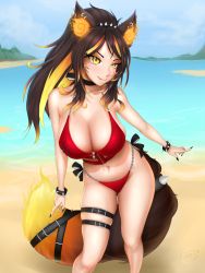 Rule 34 | 1girl, :p, animal ear fluff, animal ears, beach, bikini, black nails, breasts, brown hair, cleavage, commentary, ear piercing, english commentary, flame-tipped tail, halterneck, highres, indie virtual youtuber, jes over, large breasts, long hair, looking at viewer, multicolored hair, nail polish, navel, orange hair, piercing, ponytail, red bikini, red sweater, sand, side-tie bikini bottom, sinder (vtuber), streaked hair, sweater, swimsuit, tail, thigh strap, tongue, tongue out, virtual youtuber, water, wolf ears, wolf girl, wolf tail, yellow eyes