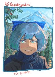 Rule 34 | 1girl, alternate costume, aqua eyes, blue hair, blue jacket, blue ribbon, blue scarf, cirno, cirno day, cloud, gloves, hindsart, jacket, landscape, looking at viewer, mountain, pine tree, ribbon, scarf, sky, smile, snow, touhou, tree