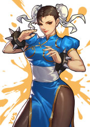 Rule 34 | 1girl, absurdres, blue dress, bracelet, breasts, brown eyes, brown hair, brown pantyhose, bun cover, capcom, china dress, chinese clothes, chun-li, commentary request, double bun, dress, eyeshadow, fighting stance, hair bun, highres, jewelry, makeup, pantyhose, pelvic curtain, puffy short sleeves, puffy sleeves, sash, short sleeves, side slit, solo, spiked bracelet, spikes, street fighter, yus