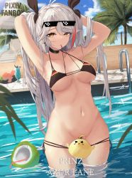 Rule 34 | 1girl, :o, absurdres, antenna hair, arms up, azur lane, bikini, breasts, caustics, censored, character name, copyright name, deal with it (meme), female pubic hair, glint, hair between eyes, hand in own hair, highres, honk (honk379637), long hair, looking at viewer, manjuu (azur lane), medium breasts, meme, mole, mole on breast, mouth hold, multicolored hair, navel, novelty censor, official alternate costume, orange eyes, outdoors, palm tree, prinz eugen (azur lane), prinz eugen (unfading smile) (azur lane), pubic hair, side-tie bikini bottom, silver hair, solo, streaked hair, string bikini, sunglasses, swimsuit, tree, twintails, very long hair, wading