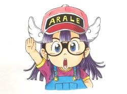 Rule 34 | 1girl, arm up, blue eyes, blue overalls, character name, commentary request, dr. slump, glasses, hat, highres, long hair, looking at viewer, norimaki arale, open mouth, overalls, purple hair, purple shirt, shirt, simple background, solo, sooma4869, upper body, white background, white wings, wings