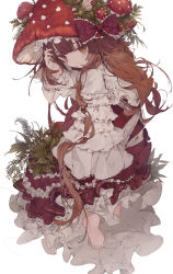 Rule 34 | 1girl, arm up, barefoot, blush, bow, brown eyes, brown hair, closed mouth, commentary, dolphro-kun, dress, eyebrows hidden by hair, highres, lolita fashion, long hair, long sleeves, looking at viewer, mushroom hat, original, purple bow, red dress, shirt, simple background, sleeves past fingers, sleeves past wrists, soles, solo, symbol-only commentary, very long hair, white background, white shirt, wide sleeves