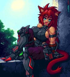 Rule 34 | 1girl, animal ears, armor, armored boots, artist name, biceps, boots, breasts, cat ears, cat girl, cat tail, dark-skinned female, dark skin, earrings, fangs, greaves, green eyes, highres, j.raido, jewelry, large breasts, leotard, long hair, looking at viewer, muscular, muscular female, non-web source, open mouth, outdoors, pants, pixel art, red hair, sideboob, sitting, sky, smile, solo, tail, thick thighs, thighs