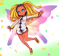Rule 34 | 1girl, aqua eyes, bare legs, black hair, blue eyes, bodysuit, breasts, butterfly wings, chinese clothes, colored skin, dress, fairy, fairy wings, flower, full body, gradient background, hua po (megami tensei), insect wings, light smile, long sleeves, multicolored wings, no pupils, nollety, outstretched arms, red skin, shin megami tensei, shoes, short dress, short hair, side slit, slippers, small breasts, smile, solo, spread arms, wings