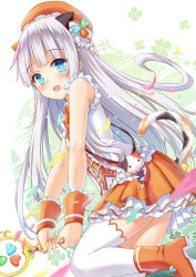 Rule 34 | 1girl, aqua eyes, bare shoulders, boots, commentary request, dress, eyebrows, frilled dress, frills, hat, ipass (yi ka tong), long hair, looking at viewer, magical girl, milkshakework, miniskirt, open mouth, orange footwear, orange skirt, pleated skirt, skirt, solo, tail, wand, white hair, white legwear, wristband, xiao pa