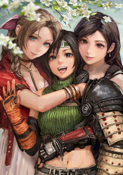 Rule 34 | 3girls, aerith gainsborough, arm guards, armor, black hair, brown eyes, brown hair, cropped jacket, dress, final fantasy, final fantasy vii, final fantasy vii rebirth, final fantasy vii remake, fingerless gloves, forehead protector, gloves, green eyes, group hug, headband, highres, hug, jacket, looking at viewer, miche, midriff, multiple girls, navel, open mouth, pink dress, red jacket, short hair, shoulder armor, single sleeve, sleeveless, sleeveless turtleneck, smile, stomach, tifa lockhart, turtleneck, upper body, yuffie kisaragi