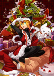 Rule 34 | 1boy, androgynous, animal ears, arc system works, blazblue, blazblue: calamity trigger, brown background, cake, cat boy, cat ears, cat tail, christmas, christmas tree, cream, food, fruit, full body, hat, highres, kisaragi jin, male focus, pantyhose, santa costume, santa hat, selenoring, sexually suggestive, sidelocks, solo, strawberry, tail, toeless legwear, toes, trap