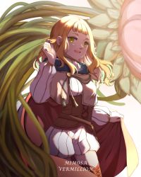 Rule 34 | 1girl, aisuqinle, black clover, blunt bangs, cape, capelet, fur-trimmed capelet, fur trim, green eyes, hand in own hair, highres, holding, holding cape, holding clothes, long hair, looking at viewer, mimosa vermillion, orange hair, plant, red cape, smile, solo, yellow capelet