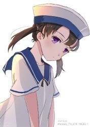 Rule 34 | 1girl, black hair, blue collar, collar, dress, haruka faraway716, hat, highres, kantai collection, one-hour drawing challenge, purple eyes, sailor dress, sailor hat, short hair, short sleeves, shounan (kancolle), simple background, solo, twintails, white background, white dress, white hat