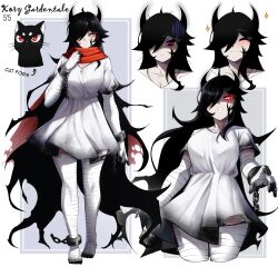 Rule 34 | 1girl, absurdres, bandaged arm, bandaged leg, bandages, black hair, blush, breasts, cat, chain, character name, commentary, cuffs, dress, english commentary, frown, hair over one eye, highres, horns, kory gardentale, kory gardentale (cat), large breasts, long hair, original, rageman709, red eyes, red scarf, scarf, shackles, shaded face, short dress, smile, torn clothes, torn dress, torn scarf, very long hair, white dress