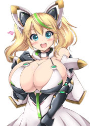 Rule 34 | 1girl, :d, bare shoulders, black gloves, blonde hair, blue eyes, blush, breasts, cleavage, elbow gloves, gene (pso2), gloves, heart, highres, huge breasts, kurokaze no sora, long hair, looking at viewer, open mouth, phantasy star, phantasy star online 2, round teeth, simple background, smile, solo, teeth, twintails, white background