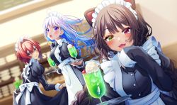 Rule 34 | 3girls, absurdres, ange katrina, apron, blue eyes, blue hair, blush, braid, breasts, brown eyes, brown hair, closed mouth, clothes lift, dress, dress lift, drink, fangs, heterochromia, highres, hina (hinalovesugita), huge filesize, indoors, inui toko, large breasts, lize helesta, long hair, looking at viewer, maid, maid apron, maid cafe, maid headdress, multicolored hair, multiple girls, nijisanji, open mouth, purple eyes, red eyes, red hair, short hair, skirt, skirt lift, smile, standing, sweatdrop, twin braids, twintails, virtual youtuber, waitress, yellow eyes
