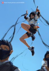 Rule 34 | 1girl, 2boys, arms up, backlighting, black hair, black shorts, blue sky, blurry, blurry foreground, closed mouth, day, from below, full body, highres, holding, jumping, kan liu (666k), looking at viewer, mask, mouth mask, multiple boys, original, outdoors, patreon username, seal impression, shirt, shoes, short hair, short sleeves, shorts, signature, sky, sleeves past elbows, smile, sneakers, white shirt