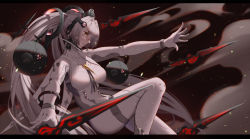 Rule 34 | 1girl, armlet, bodysuit, bracelet, commentary request, cross-shaped pupils, floating, floating hair ornament, floating object, floating weapon, grey bodysuit, grey hair, headgear, highres, jewelry, long hair, luna: laurel (punishing: gray raven), luna (punishing: gray raven), orange eyes, orb, punishing: gray raven, sidelocks, symbol-shaped pupils, thighlet, twintails, xian yu