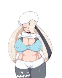 Rule 34 | 1girl, bra, breasts, cameltoe, cleavage, closed eyes, covered erect nipples, creatures (company), curvy, game freak, hair over one eye, hat, highres, huge breasts, iggybomb, mature female, melony (pokemon), nintendo, plump, pokemon, pokemon swsh, solo, thick thighs, thighs, underwear, white hair, wide hips