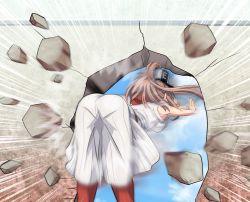 Rule 34 | 1girl, ass, brown hair, commentary request, crack, cracked wall, dress, from behind, hair ornament, highres, hip attack, hole in wall, kantai collection, neckerchief, pantylines, ponytail, red legwear, red neckerchief, saratoga (kancolle), side ponytail, smokestack hair ornament, solo, tk8d32, wall, white dress