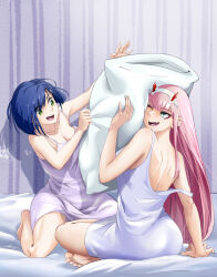 Rule 34 | 2girls, :d, \||/, albyee, arm behind back, arm support, bare back, bare shoulders, barefoot, bed, bed sheet, blue hair, blunt bangs, bob cut, breasts, cleavage, collarbone, commentary, commission, darling in the franxx, dress, english commentary, eyeshadow, full body, green eyes, hair over one eye, hairband, hitting, horns, ichigo (darling in the franxx), indian style, kneeling, large breasts, long hair, looking at another, loose hair strand, makeup, medium breasts, messy hair, multiple girls, nightgown, no bra, on bed, one eye closed, oni horns, open mouth, pillow, pillow fight, pink hair, purple nightgown, red eyeshadow, red horns, round teeth, shadow, short dress, short hair, shoulder blades, sitting, smile, strap slip, swept bangs, teeth, toes, turning head, very long hair, wallpaper (object), white hairband, white nightgown, zero two (darling in the franxx)