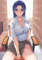 Rule 34 | 1girl, blue eyes, blue hair, blush, breasts, brown skirt, chair, cleavage, clothes lift, collarbone, covering crotch, covering privates, feet out of frame, hair intakes, highres, kamiya (kawaii dake ja nai shikimori-san), kawaii dake ja nai shikimori-san, light smile, long hair, looking at viewer, medium breasts, mikame v2, mole, no panties, open mouth, parted bangs, shirt, sitting, skirt, skirt lift, solo, teeth, white shirt