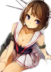 Rule 34 | 10s, 1girl, arm support, blue eyes, breasts, brown hair, cleavage, downblouse, from above, genyaky, headgear, highres, kantai collection, maya (kancolle), school uniform, serafuku, short hair, sitting, skirt, smile, solo, white background