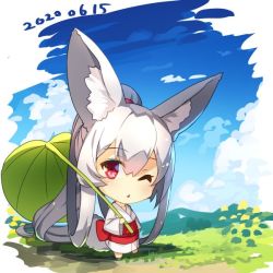 Rule 34 | 1girl, animal ear fluff, animal ears, barefoot, commentary request, dated, day, fox ears, fox girl, fox tail, hair between eyes, holding, holding leaf, japanese clothes, kimono, leaf, leaf umbrella, long sleeves, obi, one eye closed, original, outdoors, parted lips, red eyes, sash, silver hair, solo, standing, tail, white kimono, wide sleeves, yuuji (yukimimi)