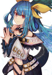 Rule 34 | 1girl, angel wings, asymmetrical wings, bare shoulders, black panties, blue hair, commentary, dizzy (guilty gear), english commentary, feathered wings, guilty gear, guilty gear xrd, highres, levvellevvel, long hair, looking at viewer, midriff, monster girl, navel, off shoulder, own hands together, panties, red eyes, ribbon, simple background, smile, solo, tail, underwear, wide sleeves, wings, yellow ribbon