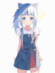 Rule 34 | 1girl, ?, absurdres, animal ear fluff, animal ears, blue eyes, blue hair, blush, cat ears, child, cube hair ornament, dice hair ornament, female focus, gawr gura, gawr gura (casual), hair ornament, highres, hololive, hololive english, looking at viewer, medium hair, mk29293, multicolored hair, official alternate costume, short sleeves, side ponytail, simple background, solo, standing, streaked hair, trident print, two-tone hair, virtual youtuber, white background, white hair