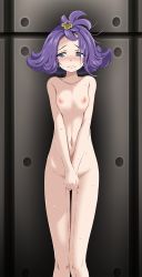 Rule 34 | 1girl, acerola (pokemon), against wall, blush, breasts, breasts squeezed together, clenched teeth, collarbone, completely nude, covering crotch, covering privates, creatures (company), game freak, highres, looking away, nail polish, navel, nintendo, nipples, nude, pink nails, pokemon, pokemon sm, purple eyes, purple hair, small breasts, solo, standing, tears, teeth, thigh gap, tsukishiro saika