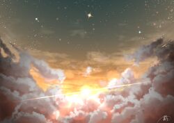 Rule 34 | absurdres, chinese commentary, cloud, commentary request, gradient sky, highres, no humans, original, outdoors, rune xiao, scenery, signature, sky, star (sky), starry sky, still life, sun