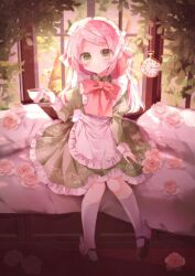 Rule 34 | 1girl, amane momo, apron, bow, clock, cup, flower, green eyes, highres, holding, holding cup, maid, maid apron, momone momo, pink flower, pink hair, pink rose, red bow, rose, sandals, socks, teacup, utau, white socks, window