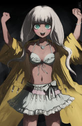 Rule 34 | 1girl, :d, absurdres, aqua eyes, arms up, bead bracelet, beads, bikini, bikini under clothes, blunt bangs, bracelet, breasts, cleavage, clenched hands, danganronpa (series), danganronpa v3: killing harmony, dark-skinned female, dark skin, frills, grey hair, hair ornament, harari, highres, jacket, jewelry, long hair, long sleeves, looking at viewer, low twintails, medium breasts, navel, navel piercing, necklace, open mouth, piercing, skirt, smile, solo, stomach, swimsuit, teeth, twintails, upper teeth only, wide sleeves, yonaga angie