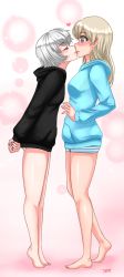 Rule 34 | 2girls, arms behind back, bare legs, barefoot, black hoodie, blonde hair, blue hoodie, commentary, eila ilmatar juutilainen, english commentary, closed eyes, from side, full body, heart, highres, hood, hood down, hoodie, kiss, long hair, long sleeves, multiple girls, no pants, profile, purple eyes, sanya v. litvyak, short hair, signature, silver hair, simple background, strike witches, tiptoe kiss, tiptoes, twrlare, world witches series, yuri
