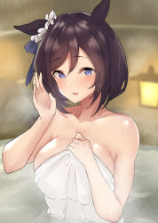 Rule 34 | 1girl, :d, bare arms, bare shoulders, black hair, blue eyes, blurry, blurry background, blush, breasts, collarbone, depth of field, eishin flash (umamusume), hair between eyes, hands up, highres, looking at viewer, medium breasts, naked towel, nyakonro (nekonro), open mouth, partially submerged, smile, solo, towel, umamusume, upper body, water