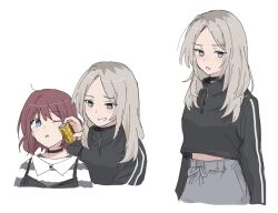 black_dress black_sweater blue_eyes blush brown_hair can canned_coffee commentary cropped_torso dress drink_can girls_band_cry grey_hair grey_pants hashtag-only_commentary highres iseri_nina kawaragi_momoka kumtlekumtle long_hair midriff_peek multicolored_hair one_eye_closed open_mouth pants pinafore_dress roots_(hair) shirt short_hair simple_background sleeveless sleeveless_dress striped_clothes striped_shirt sweater white_background