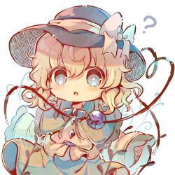 Rule 34 | 1girl, :o, ?, black hat, blonde hair, blue eyes, bow, chibi, feet out of frame, frilled shirt collar, frills, green skirt, hair between eyes, hat, hat bow, komeiji koishi, looking at viewer, medium hair, parted lips, sekisei (superego51), shirt, simple background, skirt, solo, third eye, touhou, wavy hair, white background, wide sleeves, yellow bow, yellow shirt