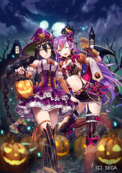 Rule 34 | 2girls, bare shoulders, bare tree, black hair, black legwear, black skirt, blue eyes, blush, boots, bow, braid, breasts, commentary request, crop top, detached sleeves, dress, fang, fantasy, gabiran, gloves, hair between eyes, halloween, hat, highres, holding, holding lantern, horns, idola phantasy star saga, jack-o&#039;-lantern, lantern, large breasts, long braid, long hair, looking at viewer, midriff, moon, multiple girls, navel, night, official art, one eye closed, open mouth, orange bow, outdoors, phantasy star, phantasy star online 2, pumpkin, purple dress, purple hair, purple headwear, single braid, skin fang, skirt, small breasts, standing, standing on one leg, striped clothes, striped legwear, striped thighhighs, thighhighs, tree, vertical-striped clothes, vertical-striped thighhighs, very long hair, windis (idola), wings, witch hat, yellow eyes, zettai ryouiki