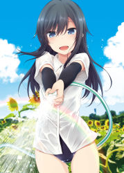 Rule 34 | 10s, 1girl, :d, arm warmers, armpit peek, asashio (kancolle), black hair, blue eyes, blue sky, blurry, cloud, cowboy shot, day, depth of field, dress shirt, flower, highres, hose, kantai collection, long hair, nagami yuu, non-web source, one-piece swimsuit, open mouth, outdoors, plant, rainbow, see-through, shirt, short sleeves, sky, smile, solo, sparkle, sunflower, swimsuit, swimsuit under clothes, water, wet, wet clothes, wet shirt