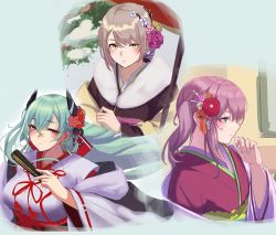 Rule 34 | 3 small spiders, 3girls, absurdres, aqua hair, ar-57 (girls&#039; frontline), ar-57 (with the three friends of winter) (girls&#039; frontline), arm up, blonde hair, blue eyes, blush, closed mouth, earrings, flower, fur-trimmed kimono, fur trim, girls&#039; frontline, hair between eyes, hair flower, hair ornament, hand fan, highres, holding, holding fan, japanese clothes, jewelry, kimono, long hair, looking at viewer, looking away, ltlx 7000 (dancing shrine maiden) (girls&#039; frontline), ltlx 7000 (girls&#039; frontline), mole, mole on neck, multiple girls, official alternate costume, pink hair, purple eyes, short hair, simple background, upper body, vector (girls&#039; frontline), vector (sprig in the snow) (girls&#039; frontline), white background, yellow eyes