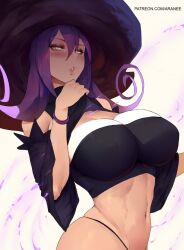 Rule 34 | 1girl, araneesama, bare shoulders, blair (soul eater), blush, breasts, cleavage, hat, large breasts, long hair, looking at viewer, navel, purple hair, simple background, solo, soul eater, thong, wide hips, witch, witch hat, yellow eyes